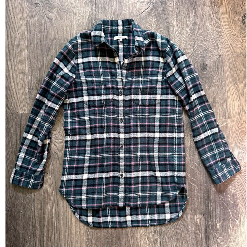 Madewell Ex-Boyfriend Flannel Shirt XS Green Plaid Cotton Button Down Excellent